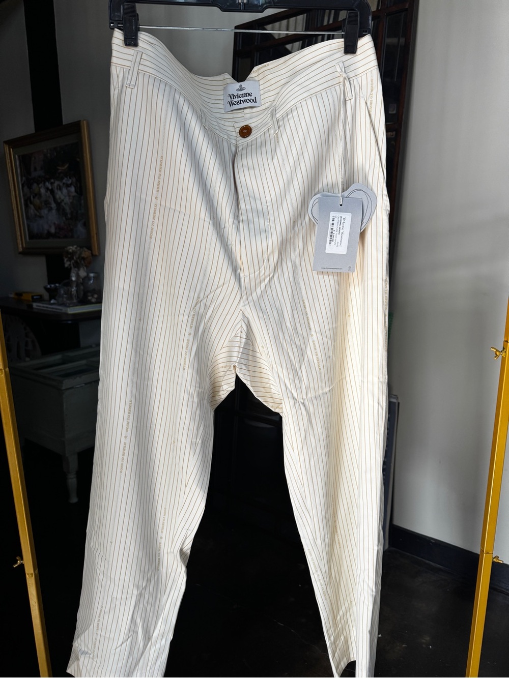 Vivienne Westwood Men’s Cream Trousers with Thin Navy Pinstripes